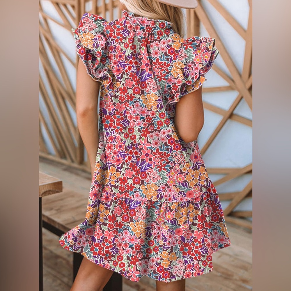Dokotoo V-Neck Drawstring Ruffle Cap Short Sleeve Mini Dress, Size: L - Picture 2 of 6